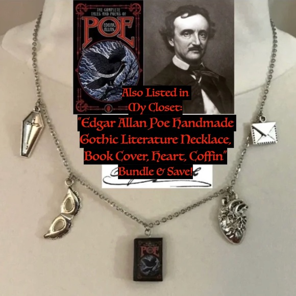 Poems of Edgar Allan Poe Handmade Literature Poetry Necklace, Portrait, Raven - Picture 16 of 16
